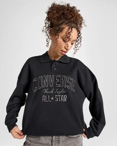 Converse Retro Polo Crew Women Polo Shirts Black USA | C-94817509